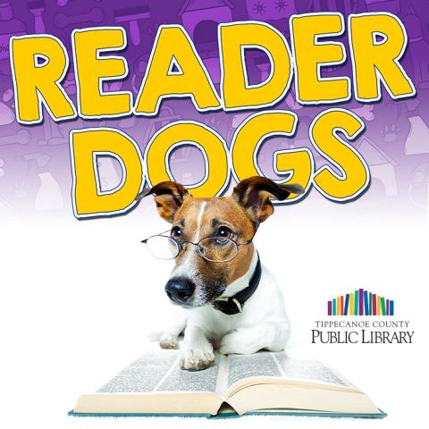 The words "READER DOGS" with a dog wearing glasses on top of a book