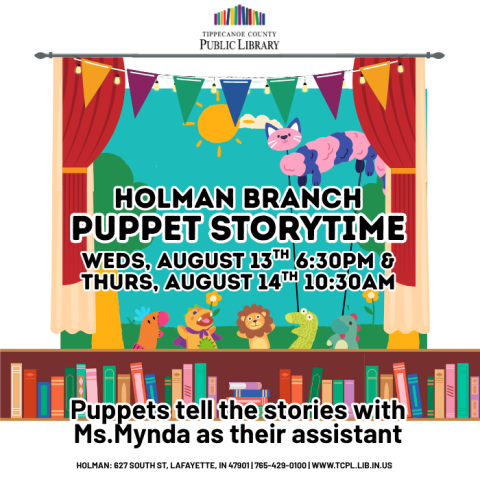 a calendar graphic for puppet storytime. it portrays a small puppet theatre where hand puppets themselves are watching a cat-dragon puppet. 