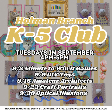 a calendar graphic for the September K-5 club. It lists the dates through September with a short description of activities. The background features a photo wall of egg-carton portraits of woodland animals. 