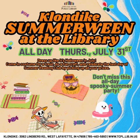 a calendar graphic for Klondike's Summerween program. It features a skeleton, a ghost, and a stack of jack-o-lanterns enjoying beach activities 