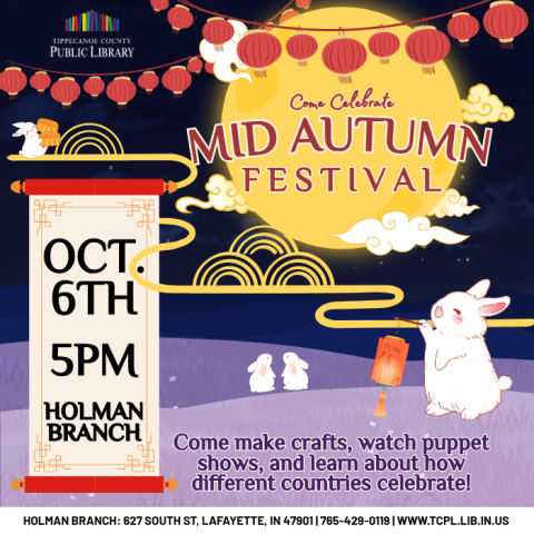 calendar graphic for the Mid-Autumn Festival. Features a night scene with a full moon and several white rabbits celebrating in multiple ways