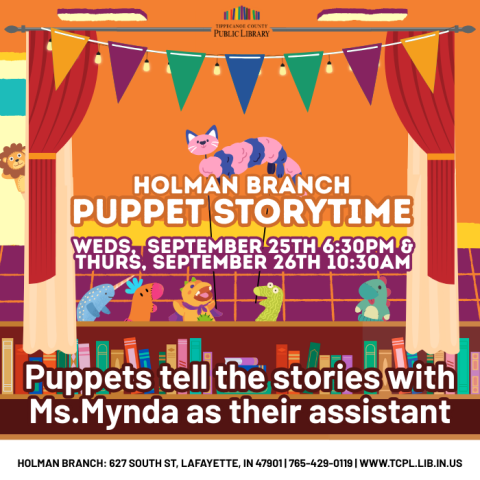 calendar graphic for puppet storytime featureing multiple hand puppets performing on a stage above a bookcase.