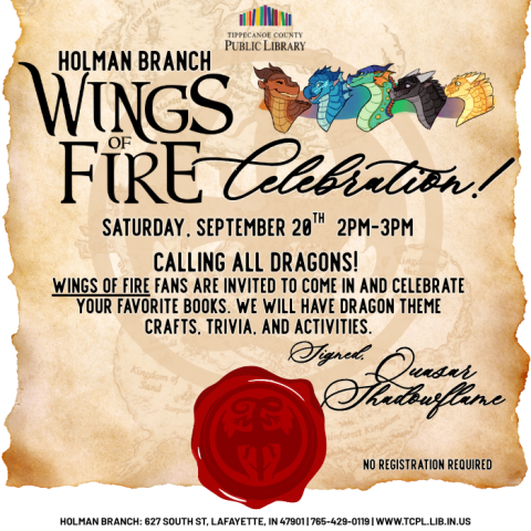 a calendar graphic for the Wings of Fire Celebration. In the style of a letter on parchment with an embossed wax seal and illustrations of the characters