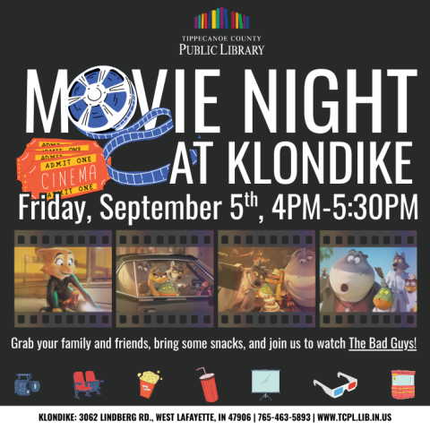 a calendar graphic for Movie Night at Klondike