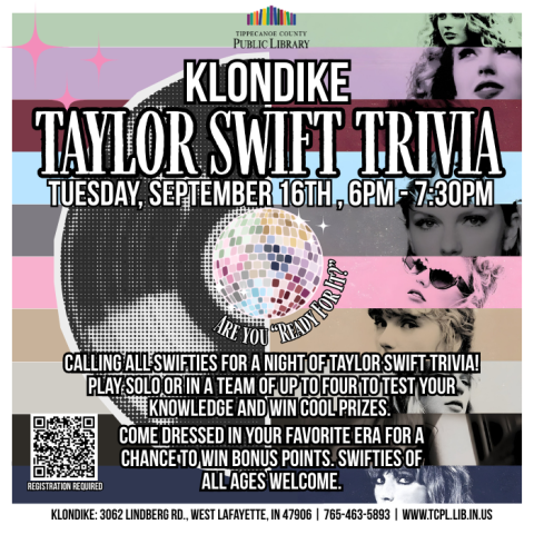 a calendar graphic for Klondike's Taylor Swift Trivia night