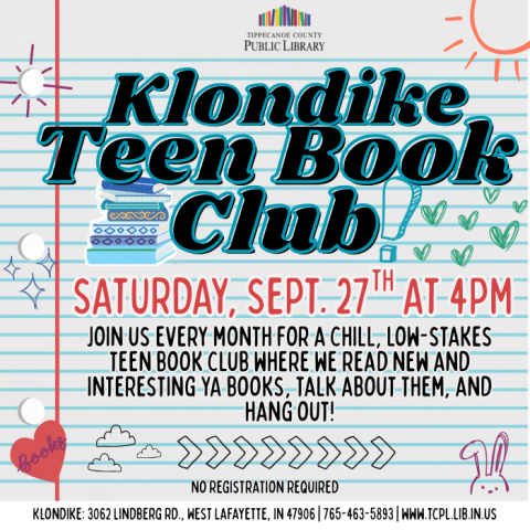 calendar graphic for KL's Teen Book Club. Features illustration of a piece of lined paper with ink doodles and stickers