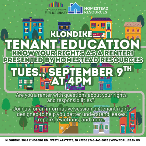 calendar graphic for a tenant education at Klondike. the background features illustration of a neighborhood. 