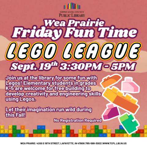 calendar graphic for Wea's Friday fun time Lego League