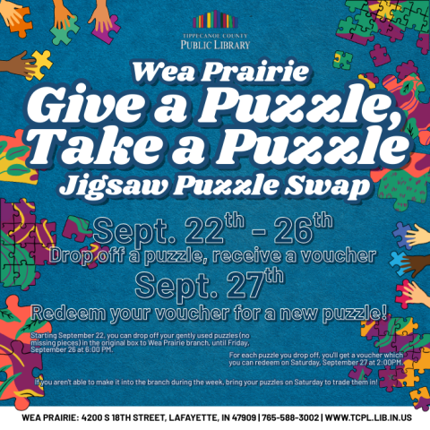 a calendar graphic for the "give a puzzle, take a puzzle" event. it features colorful puzzle pieces on a felt background.