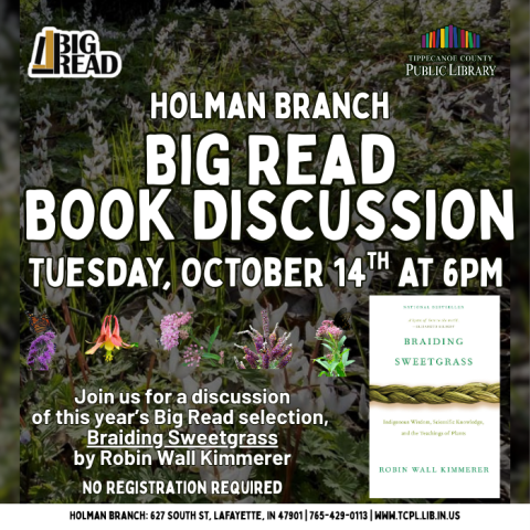 a calendar graphic for the Big Read Book Discussion. Featuring a background photo from a Niches Land Trust property that shows a habitat of native flowers. 