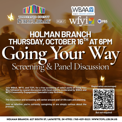 a calendar graphic for the <Going Your Way> film screening and panel, co-sponsored by local PBS affiliates WFYI and WBAA.