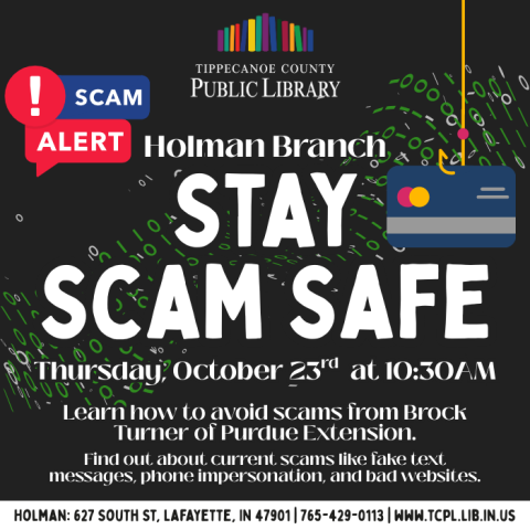 a calendar graphic for the Stay Scam Safe program presented in partnership with Purdue Extension