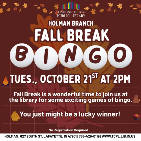 calendar graphic for Fall Break Bingo featuring a bingo board and fall illustrations