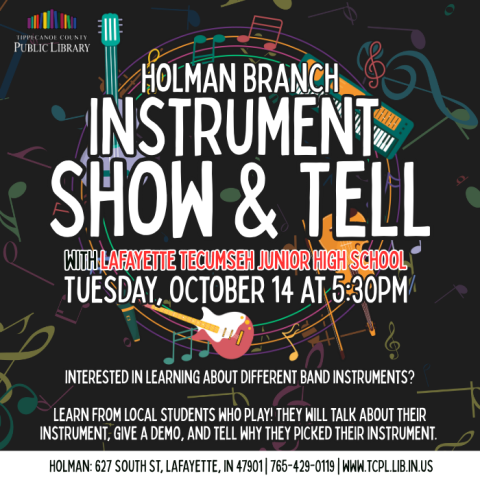 a calendar graphic for Holman Branch's Instrument Show & Tell. It features several illustrations of various instruments on a background of colorful music notes.