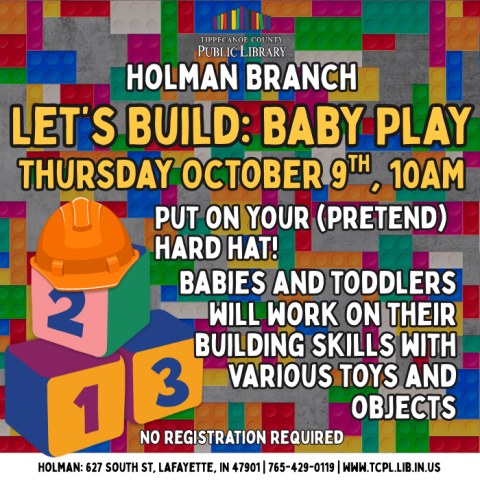 a calendar graphic for Let's Build: Baby Play. Features blocks with numbers and a hard hat. 