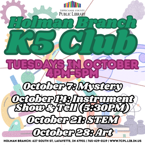 calendar graphic for the October K5 (Kindergarten through 5th grade) club with the activities for each Tuesday.