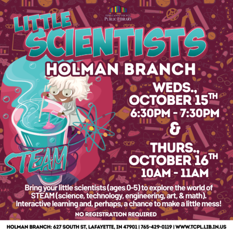 a calendar graphic for the Youth Program "Little Scientists.: Featuring an illustration of a young scientist over a beaker of chemicals.
