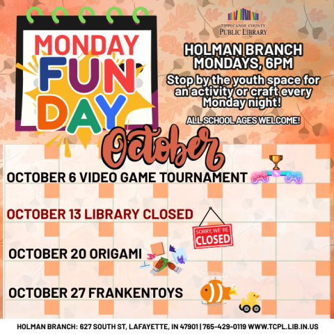 calendar graphic for October's Monday Fundays