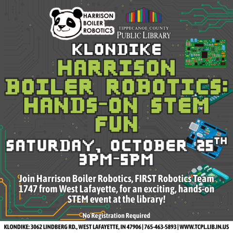 calendar graphic for Klondike's Harrison Boiler Robotics STEM program. It features elements  of circuit boards and computer chips