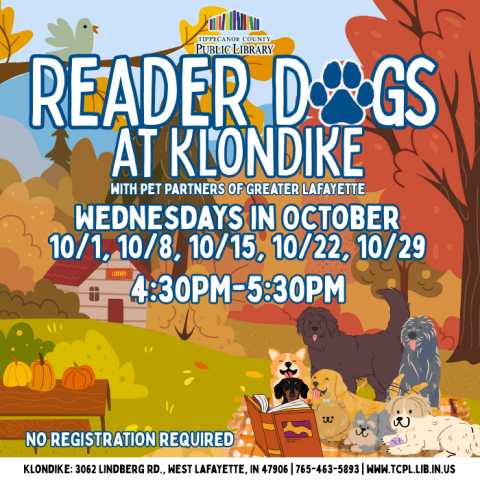 a calendar graphic for Reader Dogs at Klondike featuring a pile of dogs reading a book with an autumn scene background