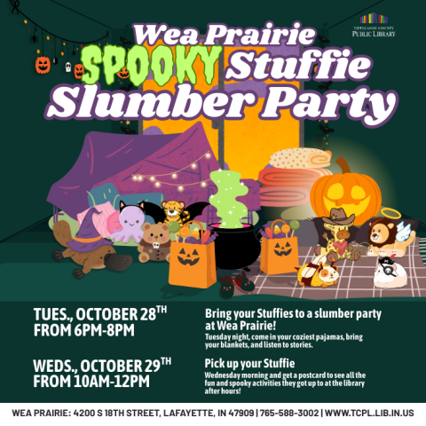 a calendar graphic for Wea Prairie's Spooky Stuffie Slumber Party, featuring a comfortable room decorated for Halloween with a group of stuffed animals wearing costume elements.