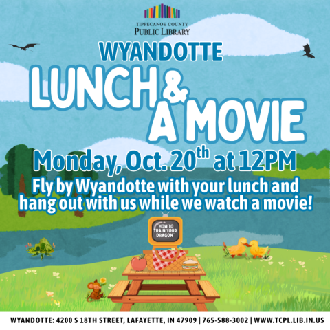 A calendar graphic for Wyandotte's Lunch & a Movie. It features an illustration of a picnic table with a small TV beside a lake; dragon silhouettes are flying in the background. 