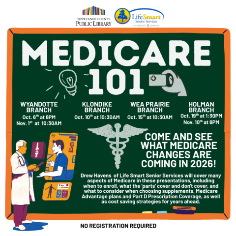 a calendar graphic for medicare 101 with events at all 4 branches listed.  the graphic features text on a chalkboard and medical symbols.