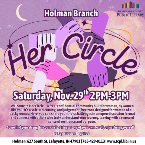 a calendar graphic for the program <Her Circle> featuring a circle formed by hands holding one another's wrists on a background of clouds with a crescent moon.