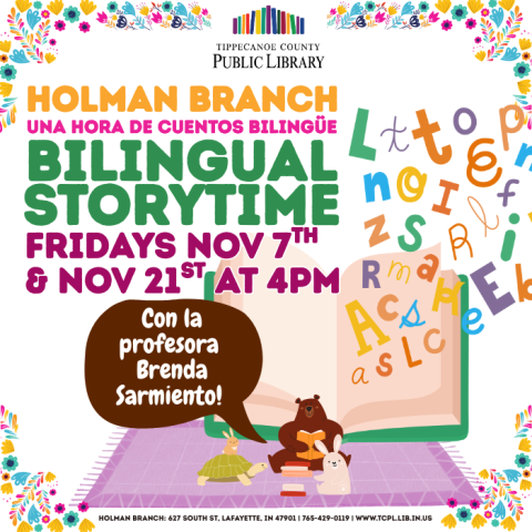 a calendar graphic for November's Bilingual Storytimes at the Holman Branch.