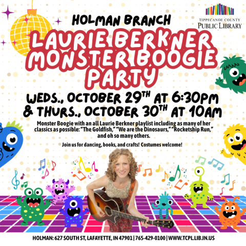 a calendar graphic for the Laurie Berkner monster boogie party; featuring a photo of Laurie and illustrations of little monsters all on a dance floor
