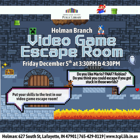 a calendar graphic for Video Game Escape Room. Featuring a background of  an 8-bit dungeon with characters from Mario, Minecraft, FNAF, and sonic in the background