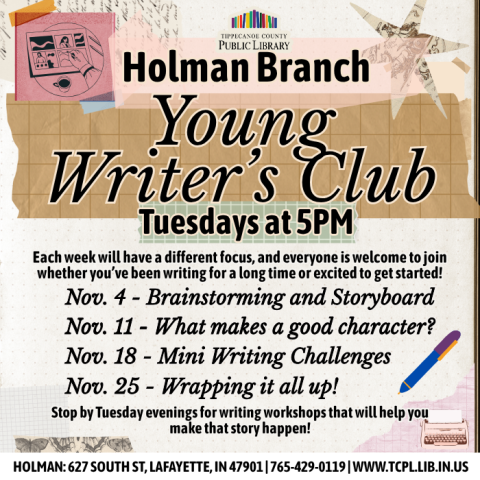 a calendar graphic for the Young Writer's Club featuring imagery of journals, torn pages, and includes the dates  and topics to be covered.