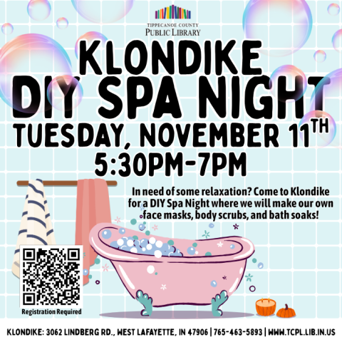 a calendar graphic for Klondike's DIY Spa Night, featuring illustrations of a bathtub, a pumpkin candle, and large iridescent bubbles