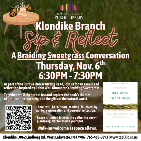 a calendar graphic for Sip and Reflect, a Braiding Sweetgrass conversation.