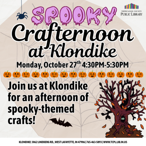 a calendar graphic for Spooky Crafternoon at Klondike featuring illustrations of halloween and related paper decorations 