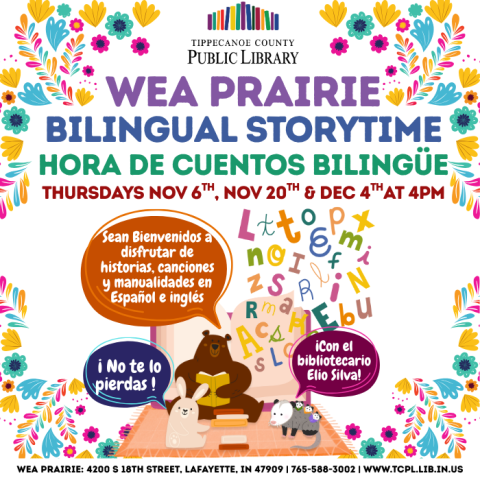 a calendar graphic for Wea Prairie's Bilingual Storytime