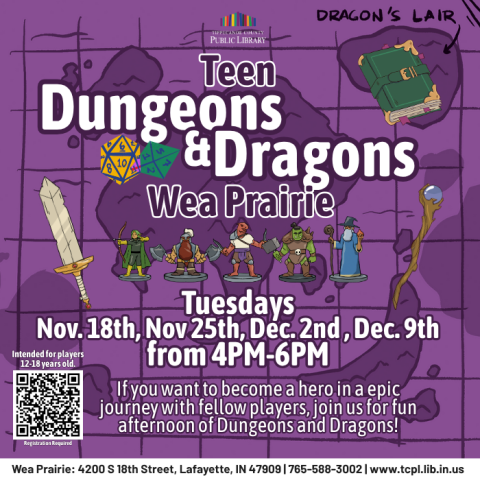 a calendar graphic for Dungeons and Dragons at Wea Prairie featuring an illustration of a fantasy map with mini figures, a spell book, a sword, and a magical staff. 