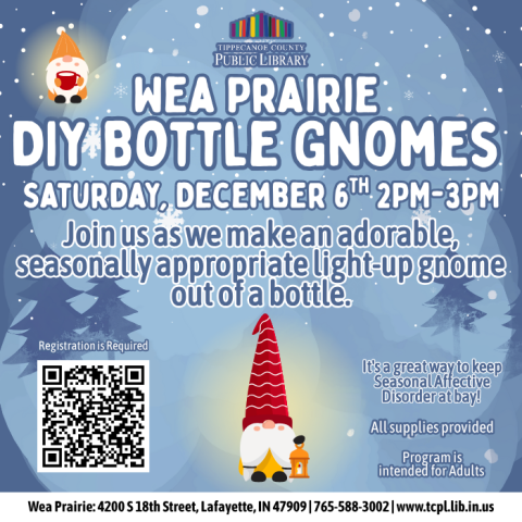 a calendar graphic for DIY Bottle Gnomes, featuring an abstract winter-y background with 2 illustrated gnomes surrounded by warm light and holding lanterns. There is a registration QR code in the bottom left.