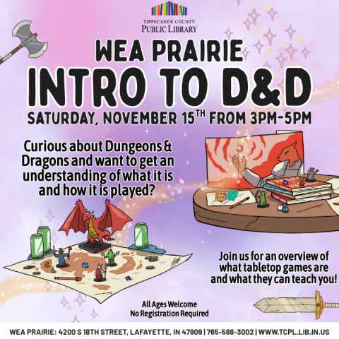 a calendar graphic for Wea Prairie's Intro to Dungeons & Dragons featuring table top role play props, books, and figurines.