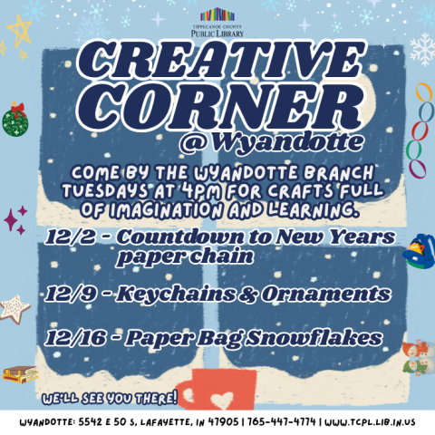 a calendar graphic for December Creative Corner featuring the image of a snowy window and mug with a heart. 