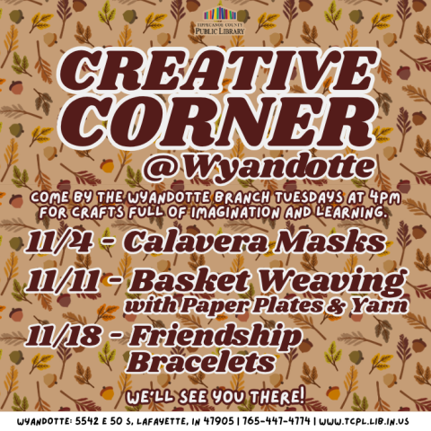 a calendar graphic for November's Creative Corner at Wyandotte 