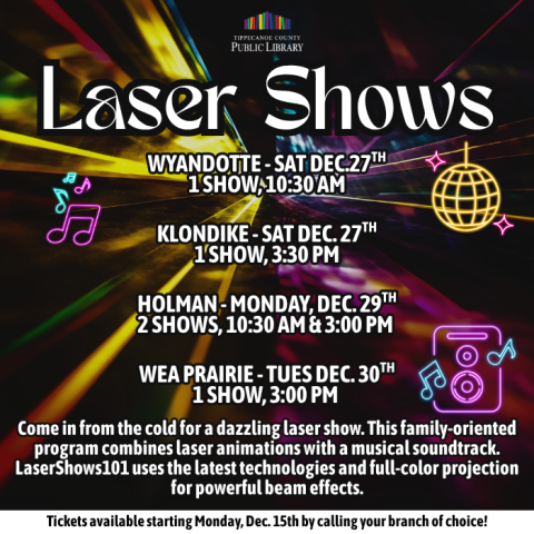 A calendar graphic for the All Branches Winter Break Laser Show. Featuring a background of lights, neon music notes, and all the event dates