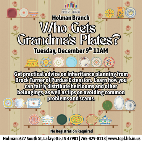 a calendar graphic for the program "Who Get's Grandma's Plates?" featuring a wall of decorative and ornate serveware  with a background of vintage looking wallpaper