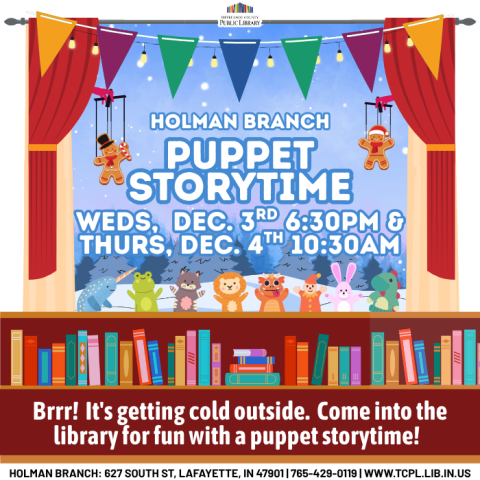 a calendar graphic for December Puppet Storytime