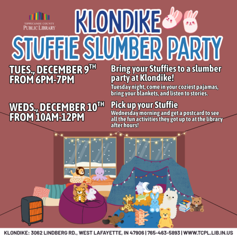a calendar graphic for Klondike's Stuffie Slumber party featuring stuffies  doing various slumber party activities.