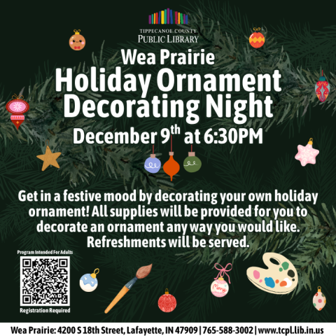 a calendar graphic for holiday ornament decorating night featuring illustrations of pine branches and several shapes of ornaments