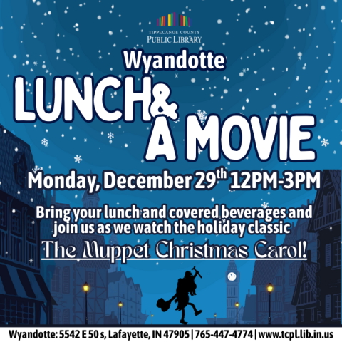 A calendar graphic for Wyandotte's Lunch and A Movie featuring a silhouette of a London street muppet characters from the movie "A Muppet Christmas Carol"