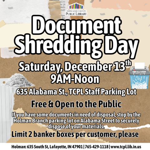 a calendar graphic for the document shredding event that has been rescheduled to 12/13 from 9am-noon