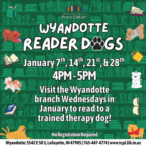 Calendar graphic for Reader Dogs at Wyandotte featuring illustrations of different kind of dogs and several books  around the border on a  background of green bookshelves. 