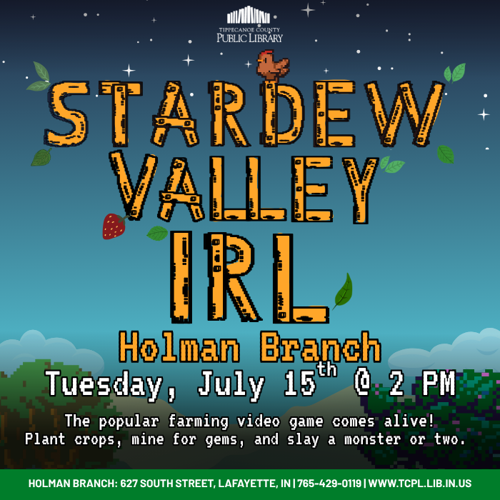 a graphic for stardew valley IRL event with text graphics in the style of the game